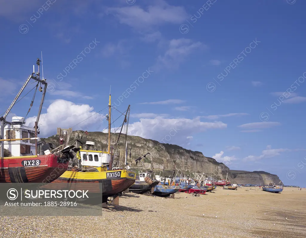 UK - England, East Sussex, Hastings, Fishing boats on the beach