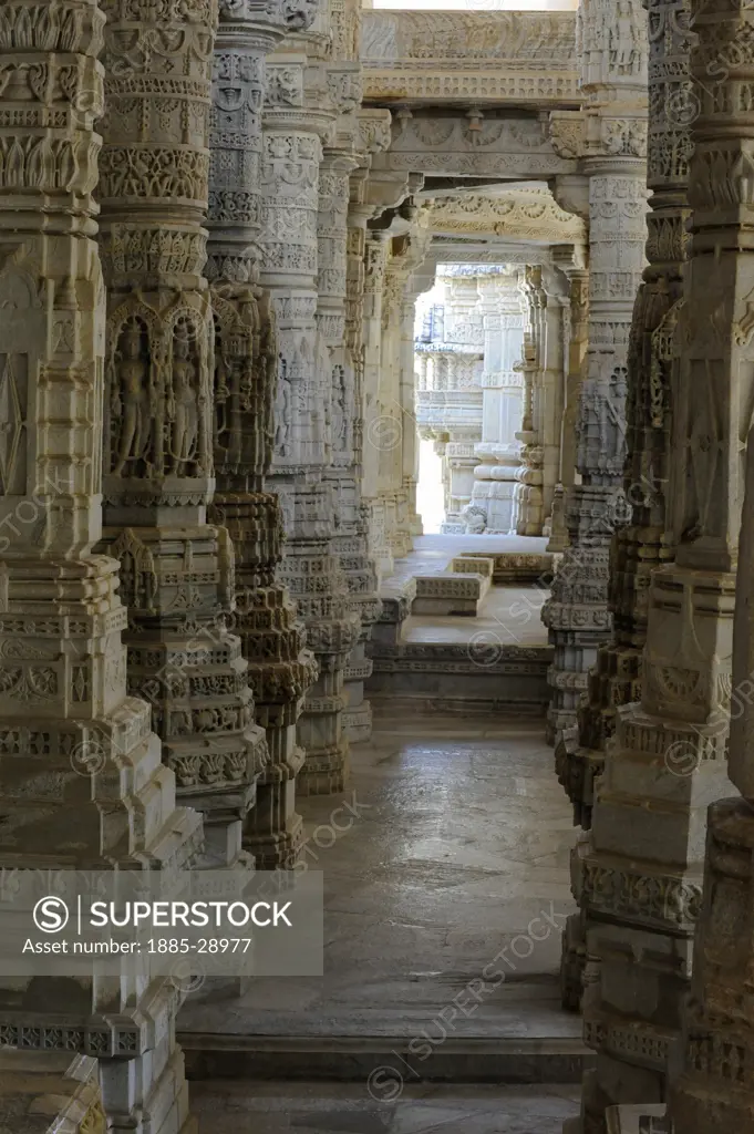 India, Rajasthan, Ranakpur, Engraved pillars in the Adinatha Jain Temple
