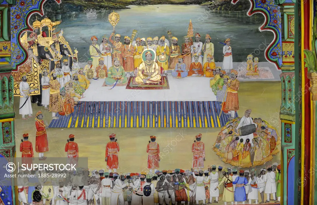 India, Rajasthan, Dungarpur, MIniature wall painting in the Juna Mahal Palace