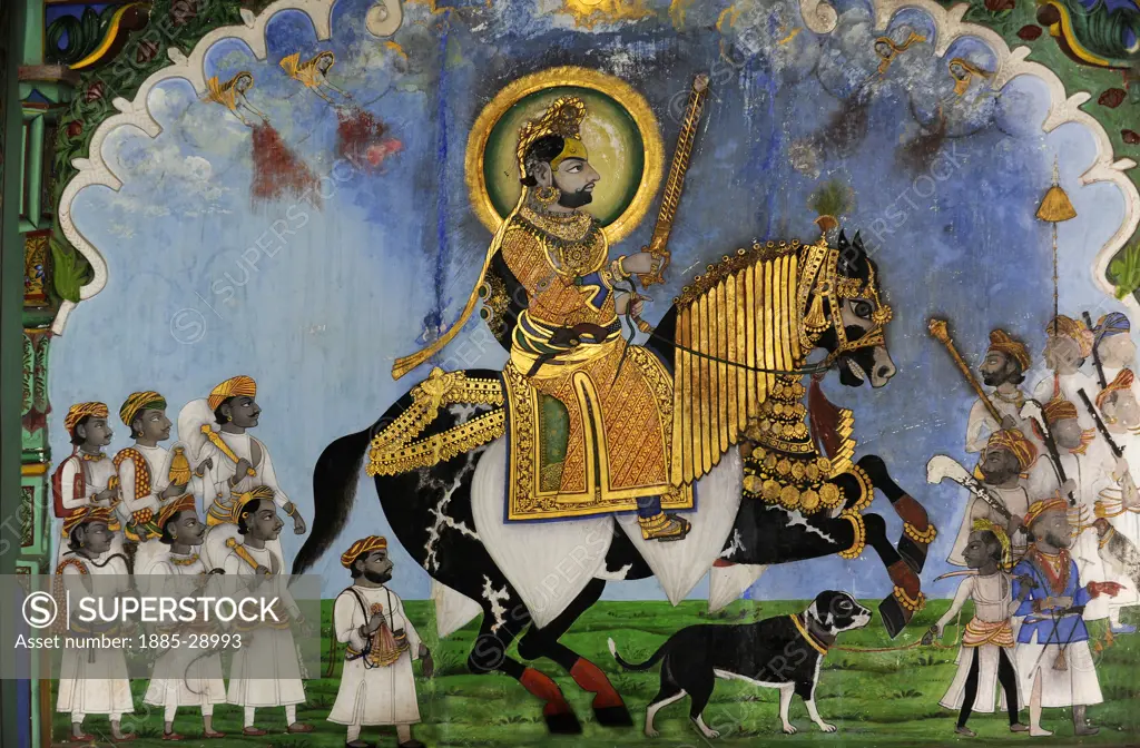 India, Rajasthan, Dungarpur, MIniature wall painting in the Juna Mahal Palace