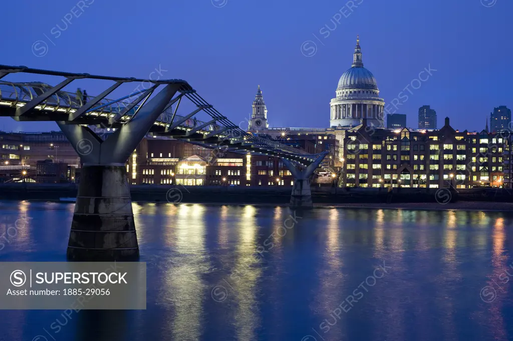 UK - England, London, Millennium Bridge and St Pauls Cathedral at night