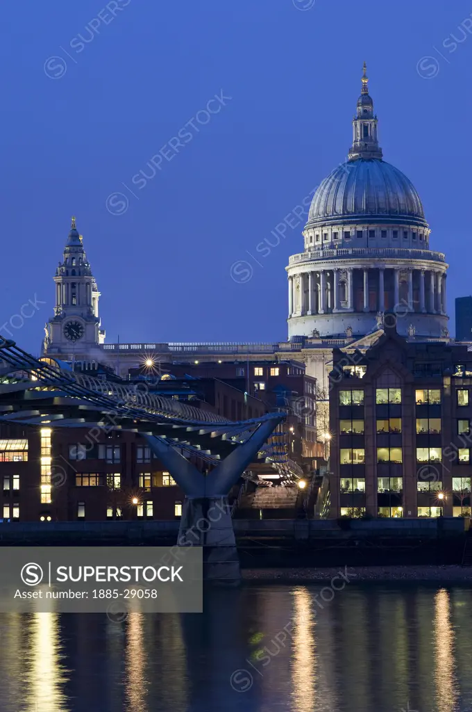 UK - England, London, Millennium Bridge and St Pauls Cathedral at night