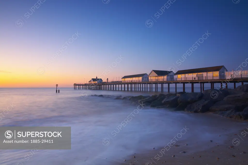 UK - England, Suffolk, Southwold, Southwold Pier at sunrise