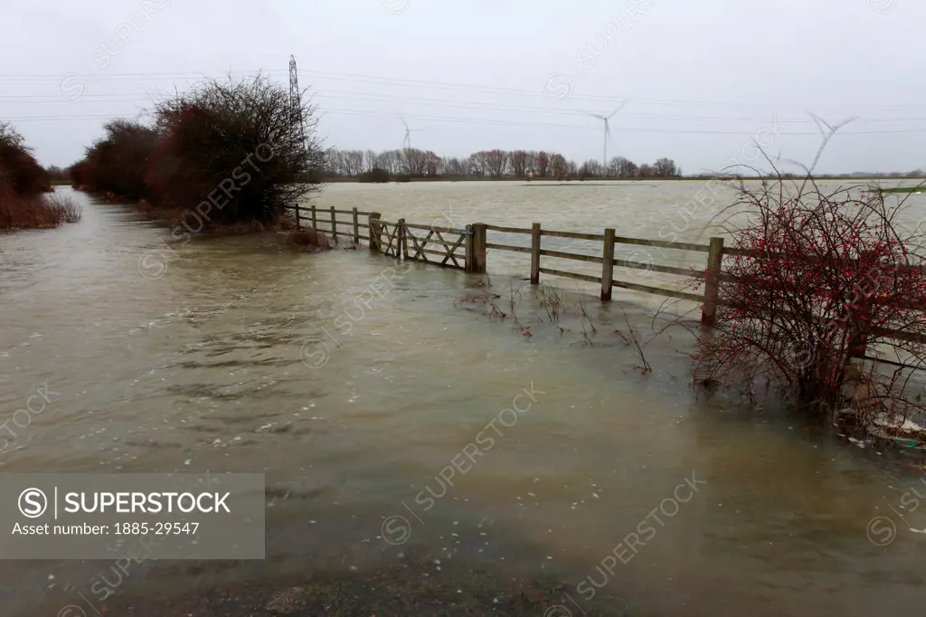 View of the Flooded river Nene, Whittlesey Washes, Peterborough, Cambridgeshire, England, UK