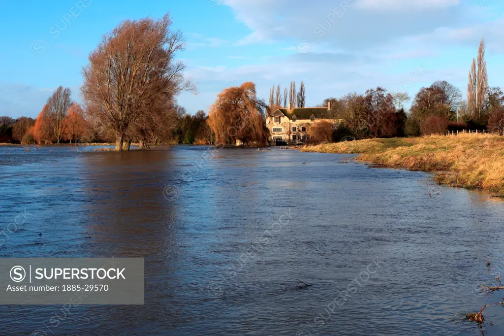 View of the Flooded river Nene, Peterborough, Cambridgeshire, England, UK