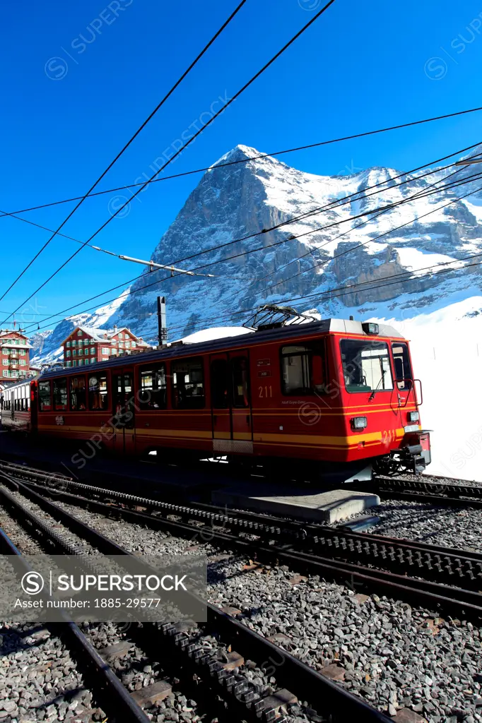 Jungfraubahn trains in the station at the ski resort of Kleine Scheidegg , Swiss Alps, Jungfrau - Aletsch; Bernese Oberland; Switzerland; Europe