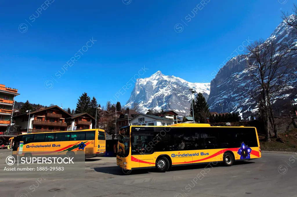 Ski buses in the resort of Grindelwald, Swiss Alps, Jungfrau - Aletsch; Bernese Oberland; Switzerland; Europe
