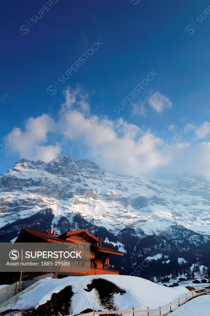 Swiss Chalets in the ski resort of Grindelwald, Swiss Alps, Jungfrau - Aletsch; Bernese Oberland; Switzerland; Europe