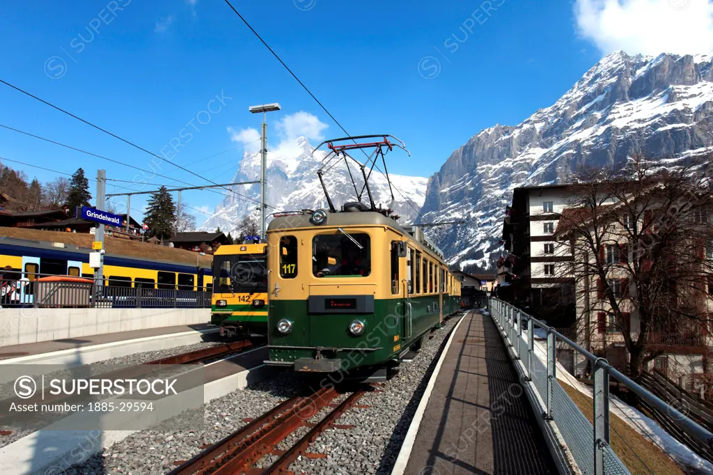 Swiss trains in the station at the ski resort of Grindelwald, Swiss Alps, Jungfrau - Aletsch; Bernese Oberland; Switzerland; Europe