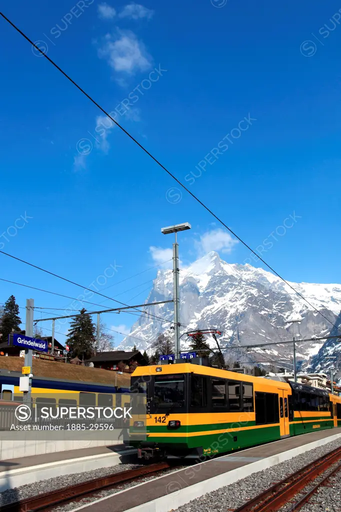 Swiss trains in the station at the ski resort of Grindelwald, Swiss Alps, Jungfrau - Aletsch; Bernese Oberland; Switzerland; Europe
