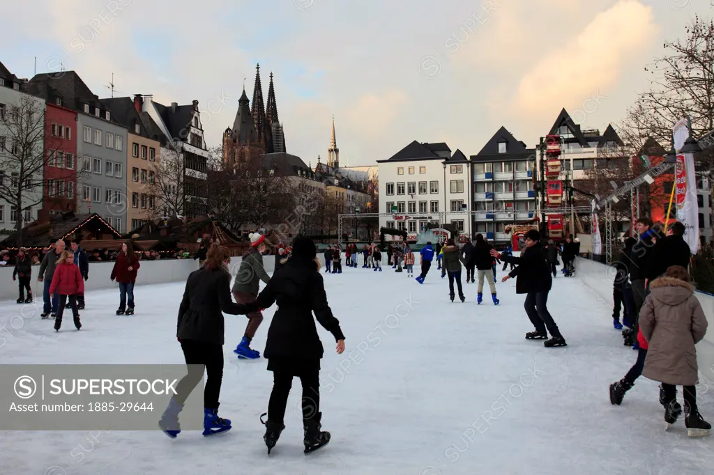 The ice skating rink at the Christmas markets in Cologne City, North Rhine-Westphalia, Germany, Europe
