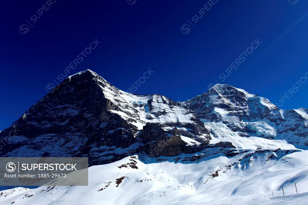 Winter snow view over the North face of the Eiger mountain, Grindelwald Ski resort; UNESCO World Heritage Site, Swiss Alps, Jungfrau - Aletsch; Bernese Oberland; Switzerland; Europe