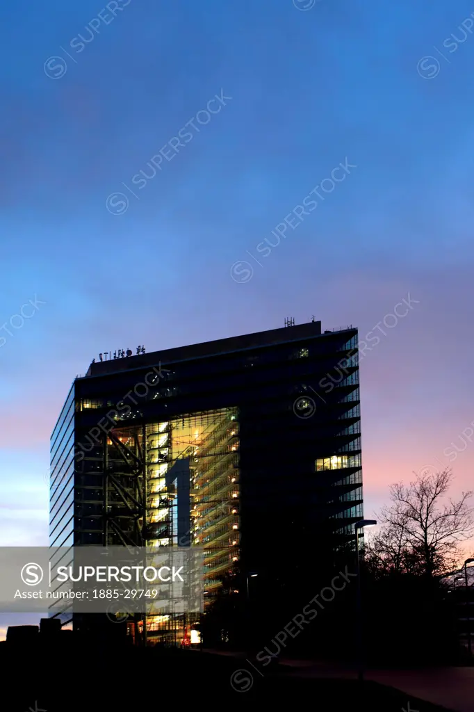 The Stadttor building (city gate ) in the Neuer Zollhof are at night, DŸsseldorf City, North-Rhine-Westphalia, Germany, Europe.