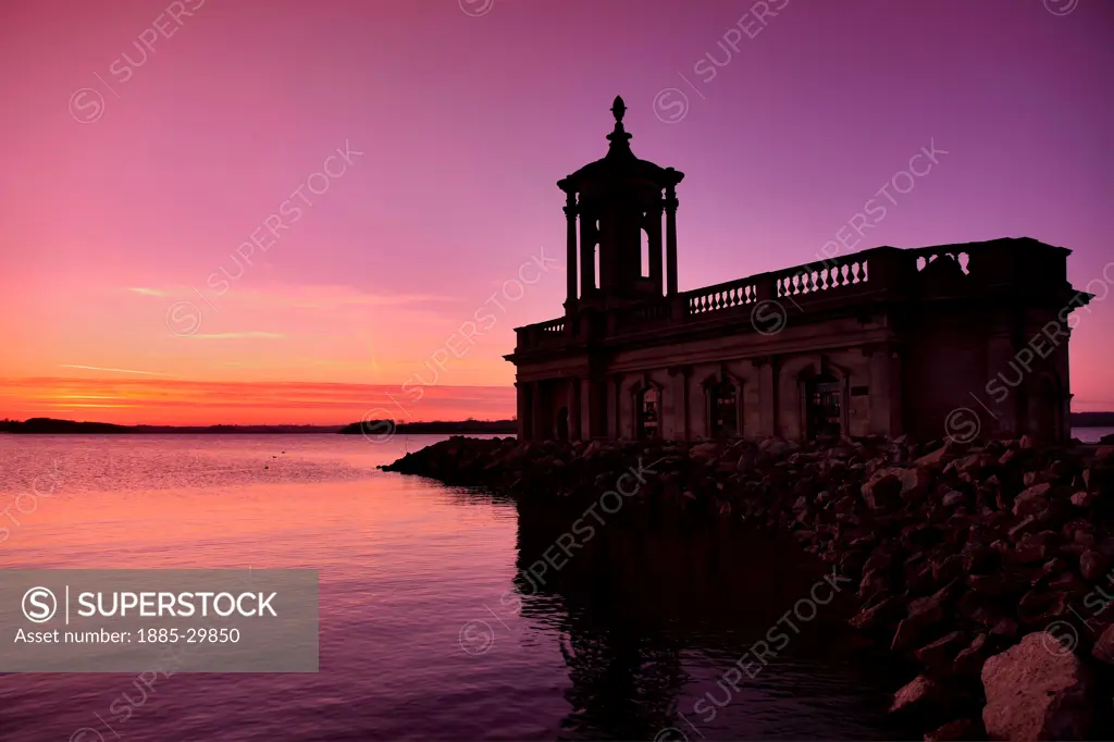 Sunset over Normanton church, Rutland Water Reservoir; Rutland County; England; UK