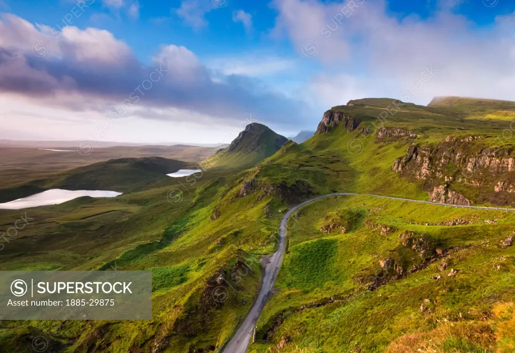 Scenic view of the Trotternish Ridge from near the Quiraing on the Isle of Skye, Scotland, UK