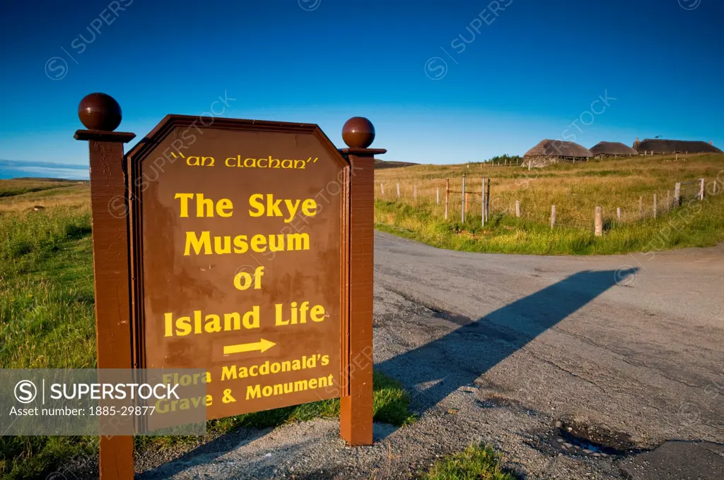 Sign outside the Skye Museum of Island Life on the Isle of Skye, Scotland, UK