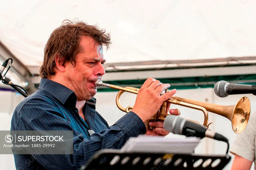 Steve Waterman, the English jazz trumpeter, at the Swanage Jazz festival, Dorset, England