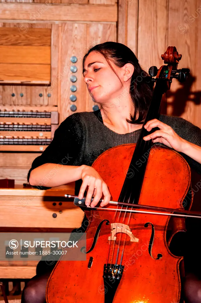 Natalie Clein playing cello during rehearsals at the Turner Sims Concert Hall in Southampton, Hampshire, England