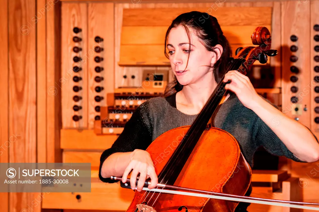 Natalie Clein playing cello during rehearsals at the Turner Sims Concert Hall in Southampton, Hampshire, England