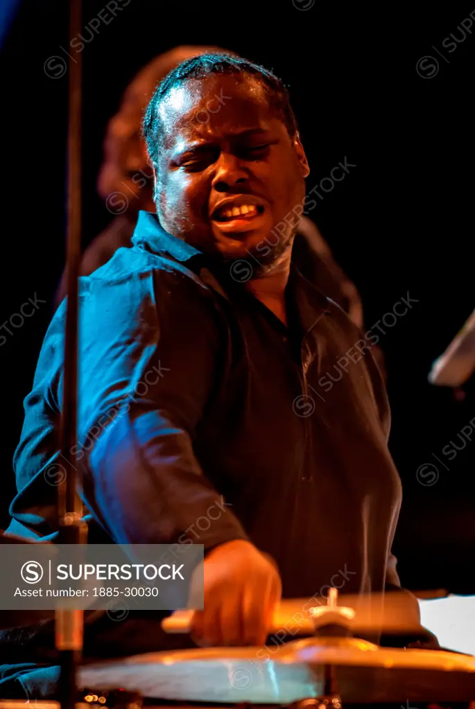 Johnathan Blake on drums with the Mingus Big Band during the Bath International Music Festival.