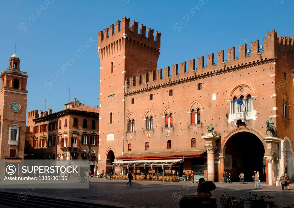 The grand gateway and the Palazzo Municipale in Ferrara flanked by Marquis Niccolo II on horseback and Duke Borso of Este enthroned
