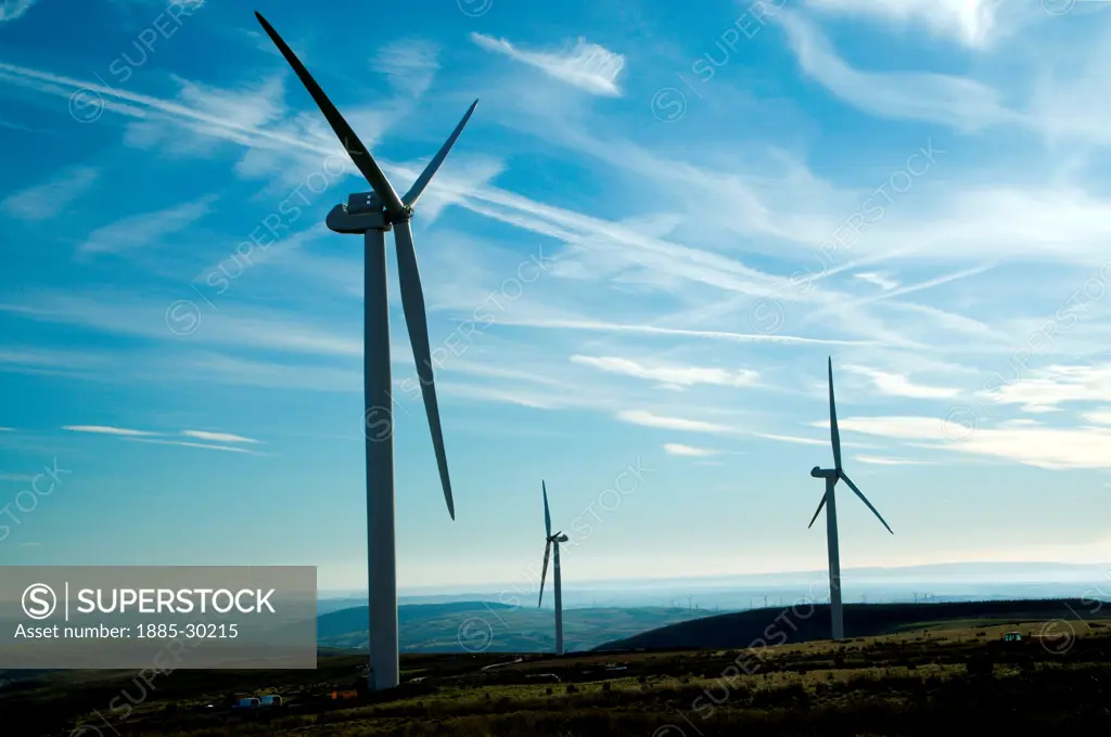 Wind turbines, Mynydd Willam Mayrick, Ogwr Valley, South Wales, UK.