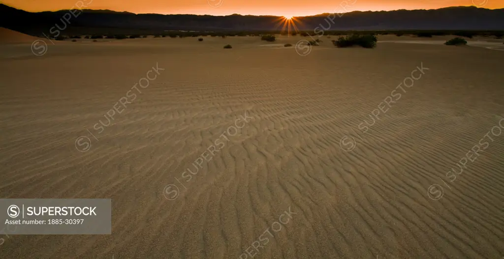 Sunset Over The  Mesquite Flat Sand Dunes With The Panamint Range and Tucki Mountain, Death Valley National Park, California, USA