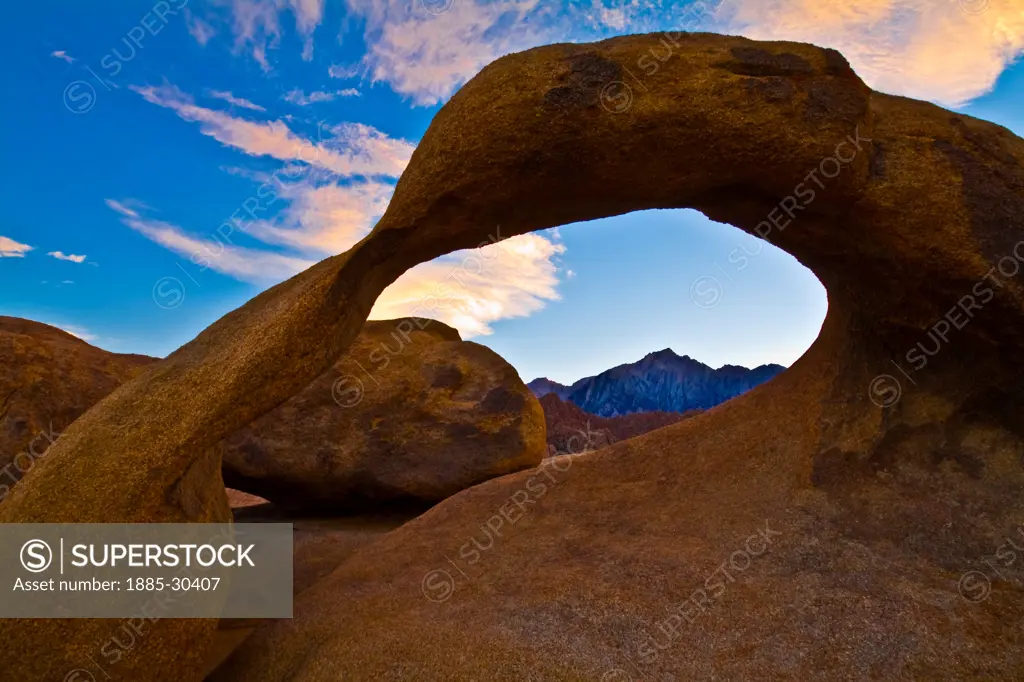 The Crest of the Sierra Nevada Mountains  Framed by Mobius Arch, Alabama Hills NRA, California, USA