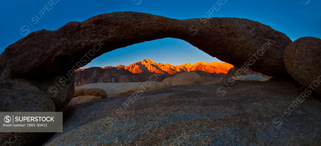 Mount Whitney and the Sierra Crest Framed by Lathe Arch,Alabama Hills NRA, California, USA