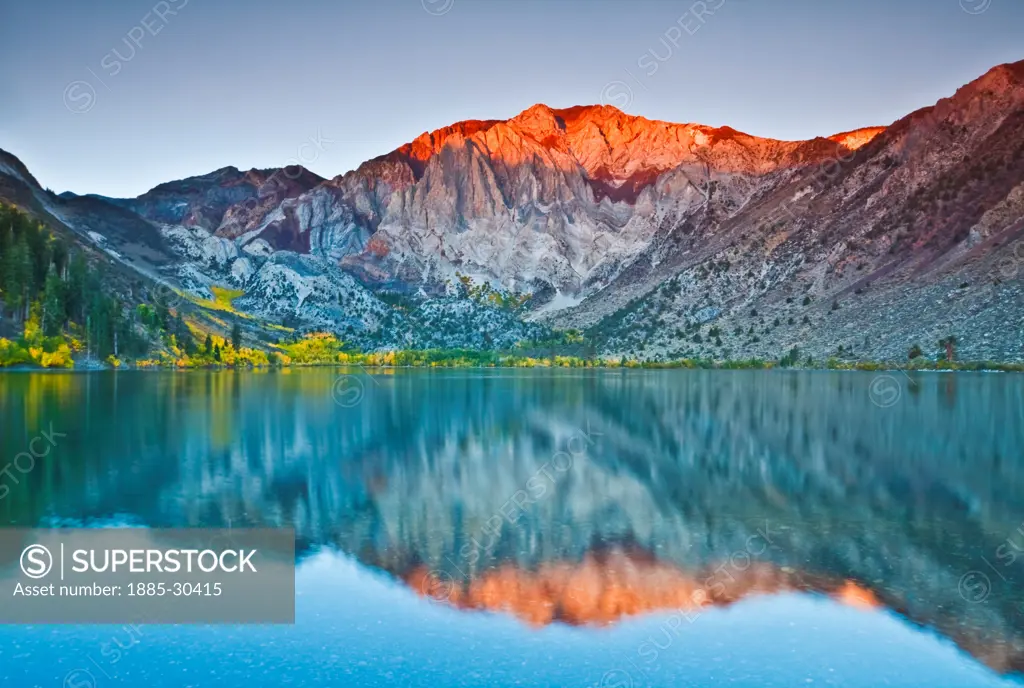 Laurel Mountain and Sevehah Cliff Surrounded by Fall Color and Convict Lake, Mammoth Lakes, California, USA