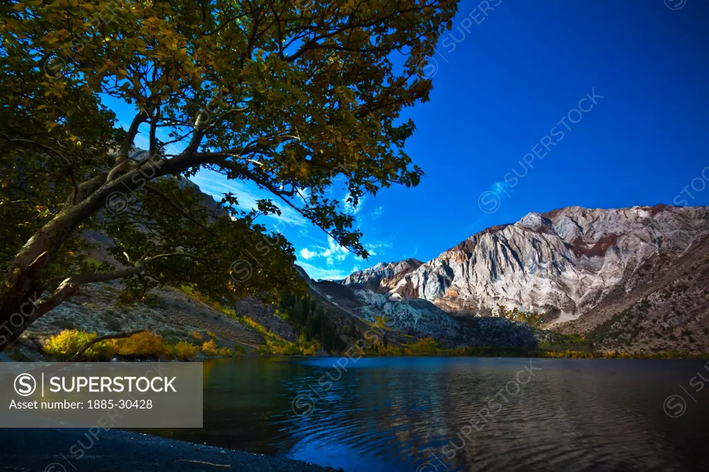 Laurel Mountain and Sevehah Cliff Surrounded by Fall Color at Convict Lake, Mammoth Lakes, California, USA