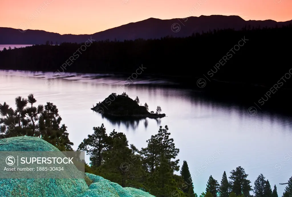 Sunrise on Emerald Bay and Fannette Island, Lake Tahoe, California, USA