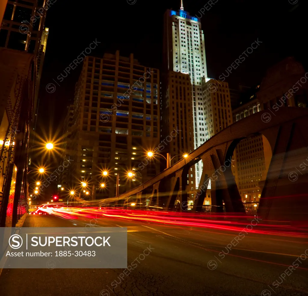 Streaks of Lights From Traffic on The LaSalle Street Bridge  (Marshall Suloway Bridge) at  Night, Chicago,Illinois, USA
