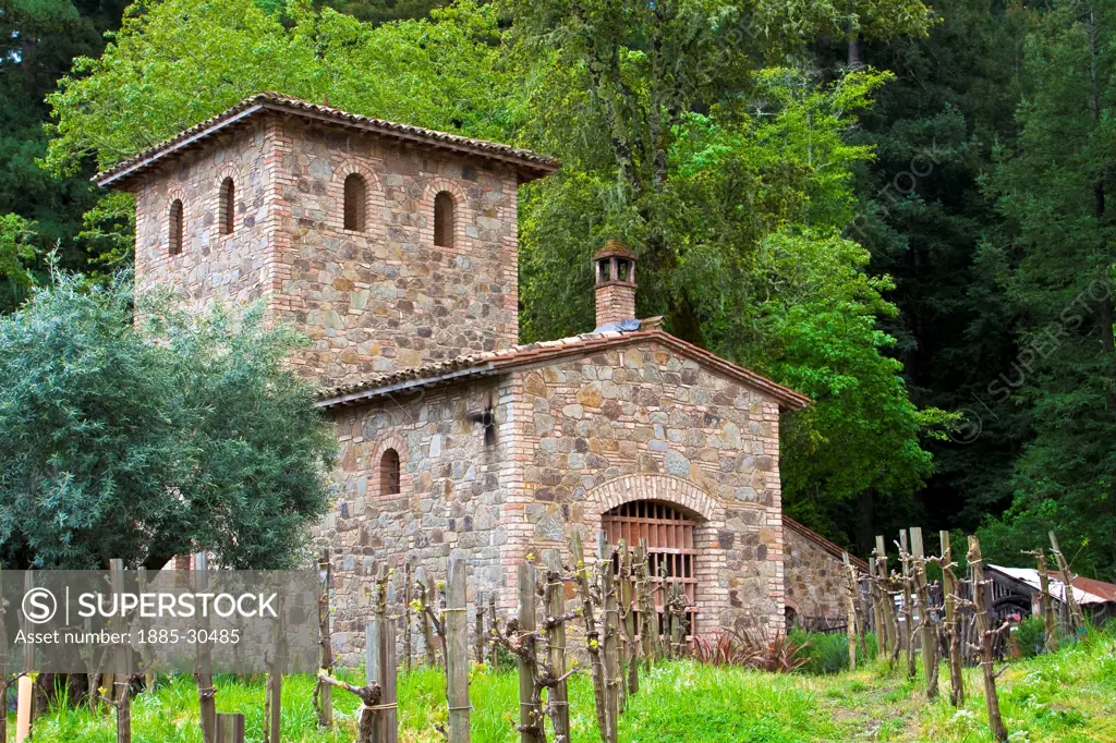 Stone Building in the Vineyards at Castello Di Amorosa Winery, an Italian Style Castle in Napa Valley Near Calistoga, California, USA
