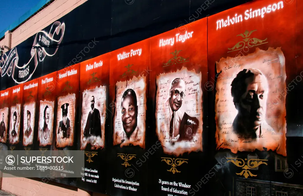 Sandwich Town mural honoring African Canadians who have made contributions to national and local history in Windsor, Ontario, Canada. Windsor has a long history helping run-away slaves who came to the area via the Underground Railroad from the United States.