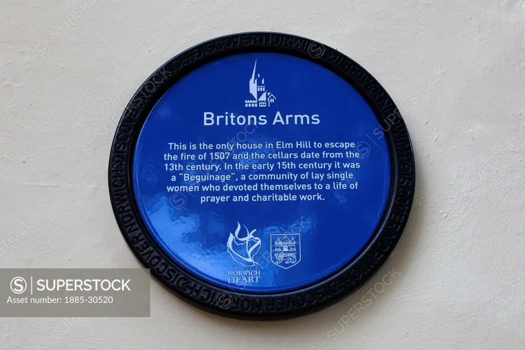 Britons Arms Blue Discover Norwich information plaque, Norwich City, Norfolk, England, UK