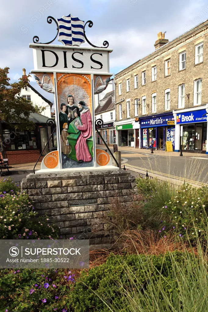 Diss town sign, market town of Diss, Norfolk, England, Britain, UK