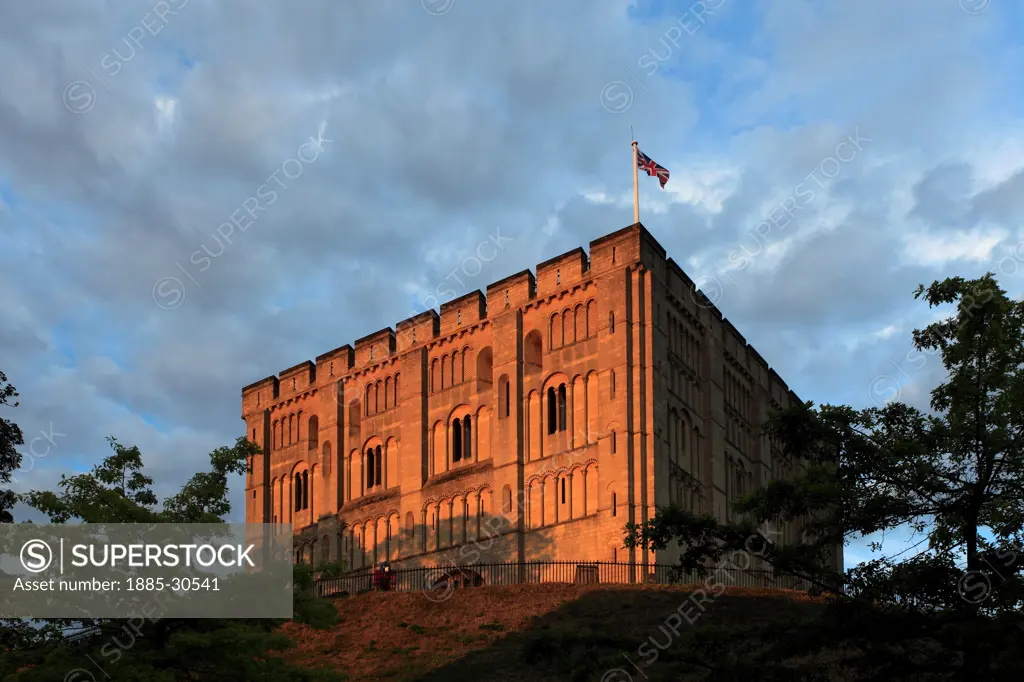 Sunset view of Norwich Castle which now holds the Art Gallery and Museum of Norwich City, Norfolk County, England, UK