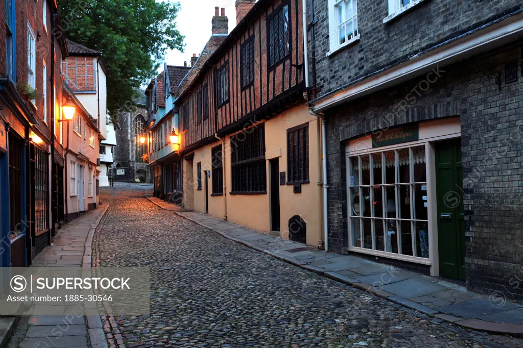 Tudor period Architecture and shops, narrow cobbled street, Elm Hill, the Lanes, Norwich City, Norfolk County, England, UK