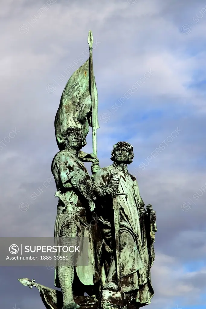 The Jan Breydel and Peter De Conik statue, Market Square, Bruges City, West Flanders, Flemish Region of Belgium. Bruges City is a UNESCO World Heritage Site.