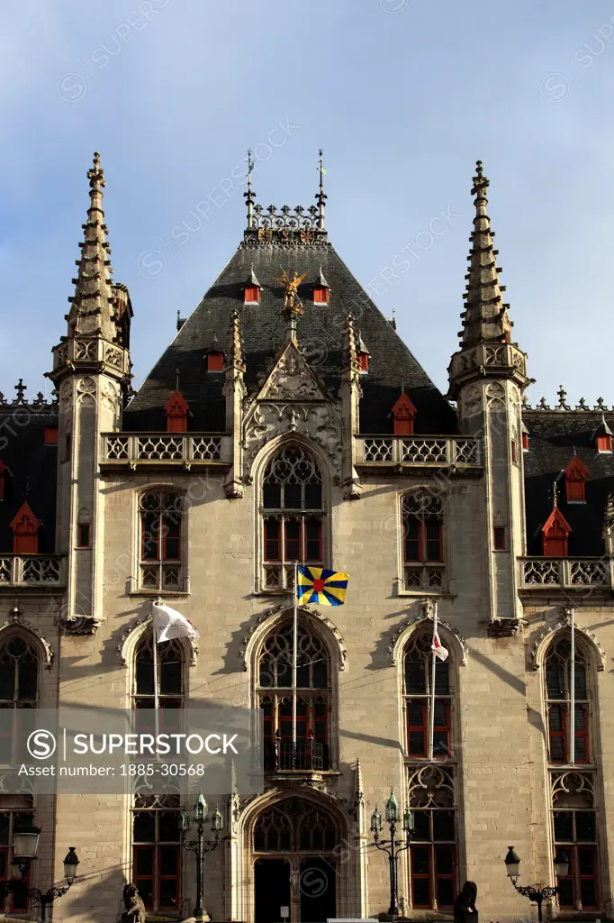 Exterior of the Town Hall building, Market Square, Bruges City, West Flanders, Flemish Region of Belgium. Bruges City is a UNESCO World Heritage Site.
