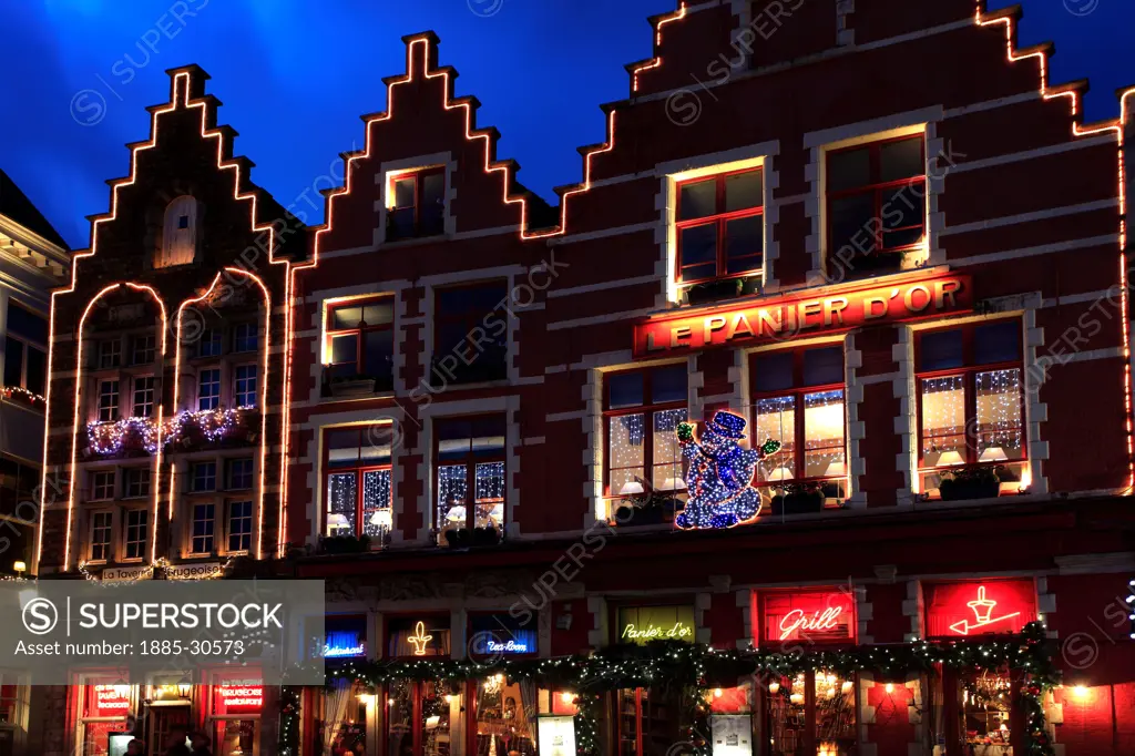 Christmas decorations on buildings in Bruges City, West Flanders, Flemish Region of Belgium.
