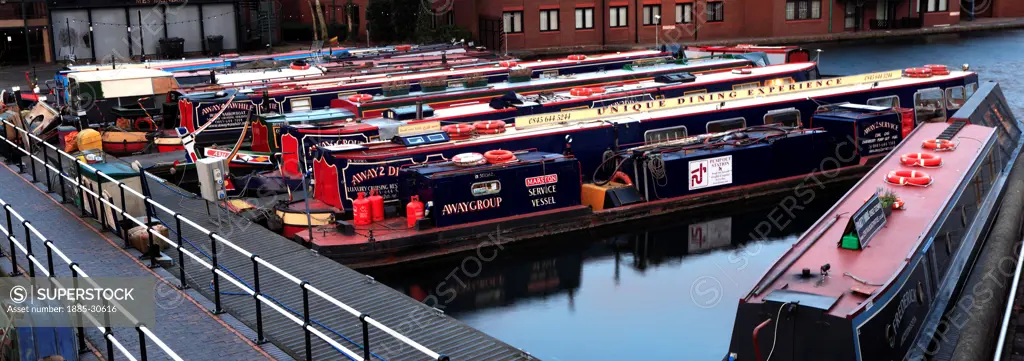 Narrowboats moored in Gas Street Basin, Worcester and Birmingham Canal, Birmingham City, West Midlands, England, UK