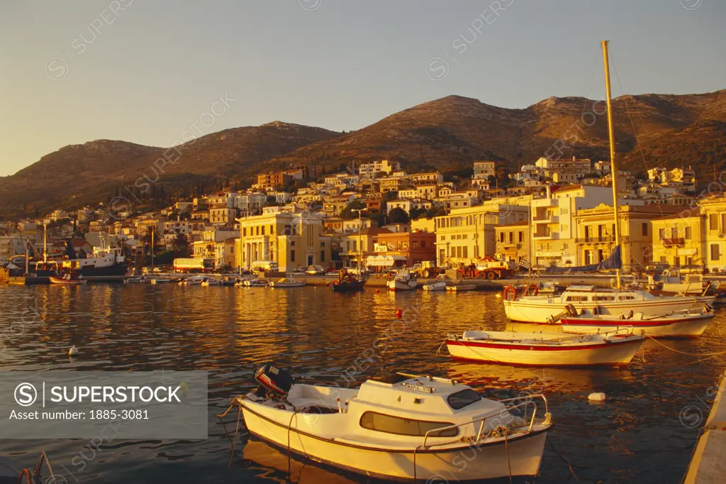 Greek Islands, Samos Island, Samos Town, Town and Harbour in evening light