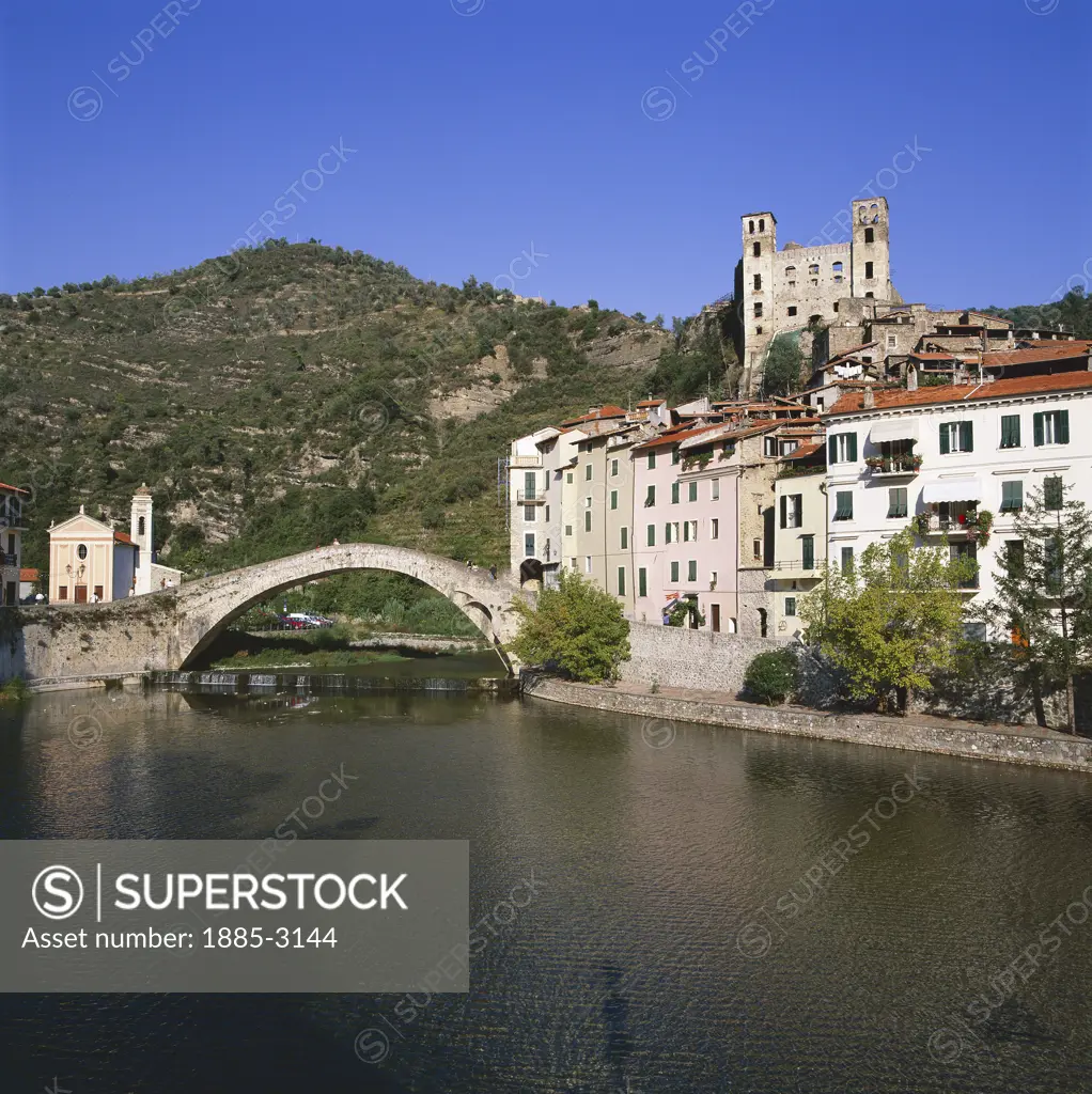 Italy, Liguria, Dolceacqua, Hilltop Town and River