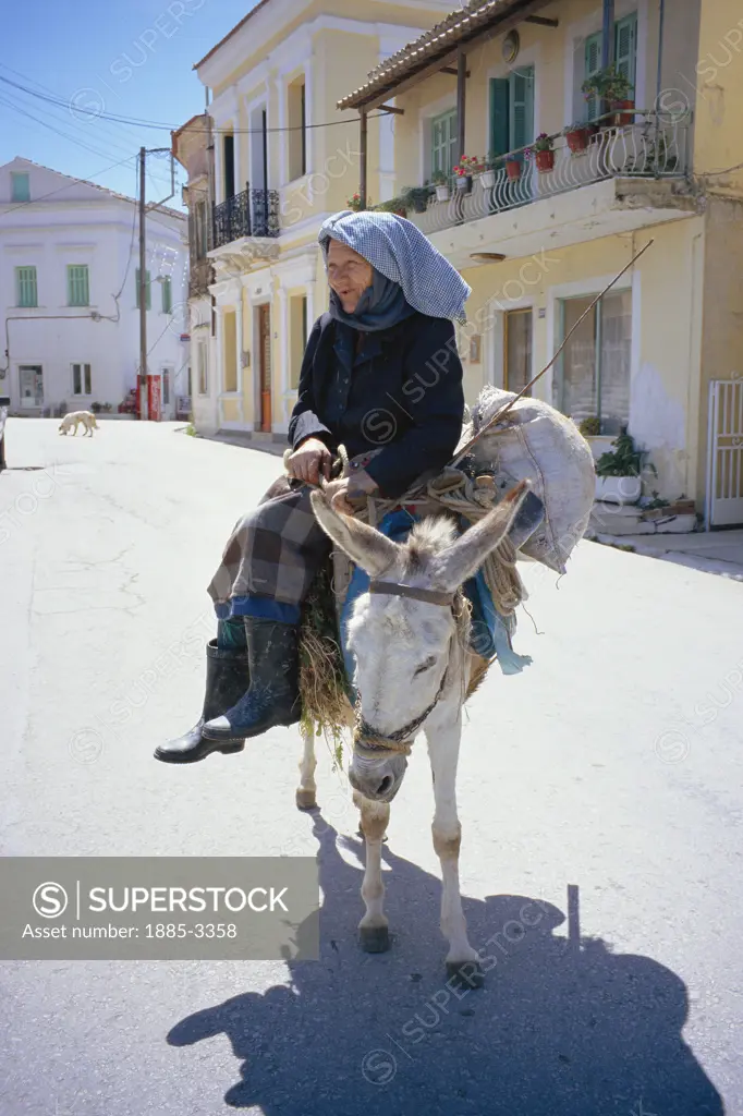 Greek Islands, Corfu , Lefkimi Village, Old Lady on Her Donkey