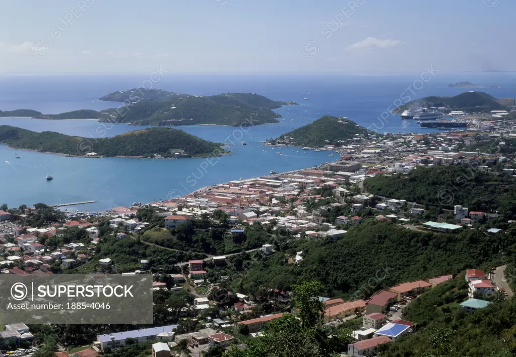Caribbean, St. Thomas , Charlotte Amalie, View over town to sea and islands