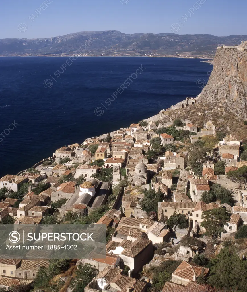 Greece, Peloponnese , Monemvasia , View of Town and Bay