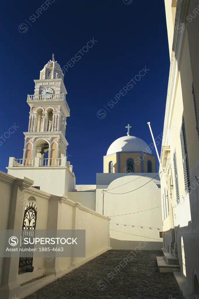 Greek Islands, Santorini Island, Fira, Church and belltower