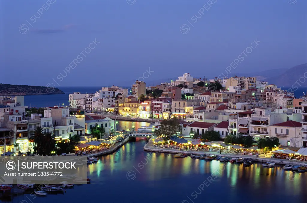 Greek Islands, Crete, Agios Nikolaos, Harbour at Night